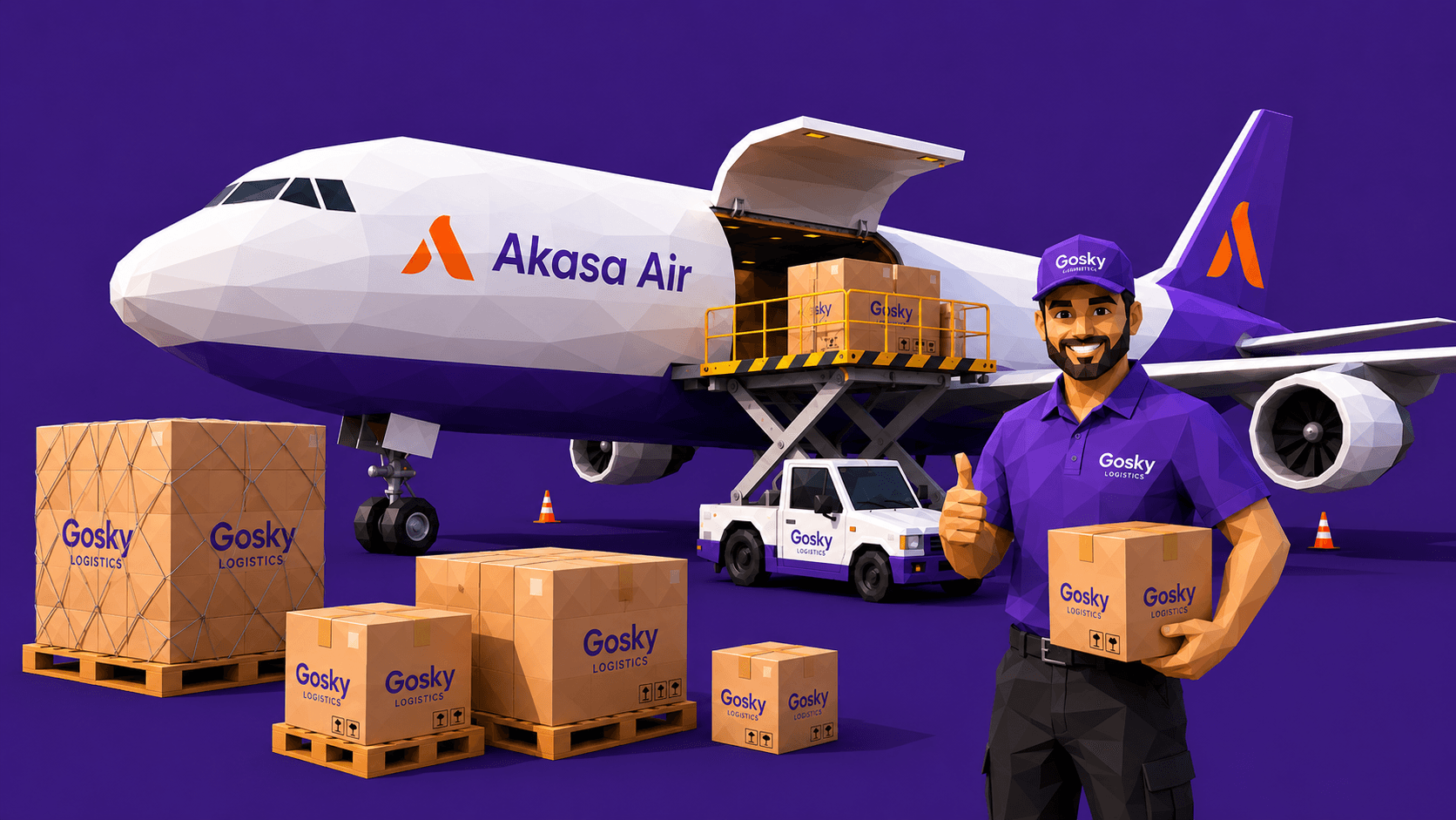 GoSky delivery partner loading cargo boxes beside an Akasa Air aircraft